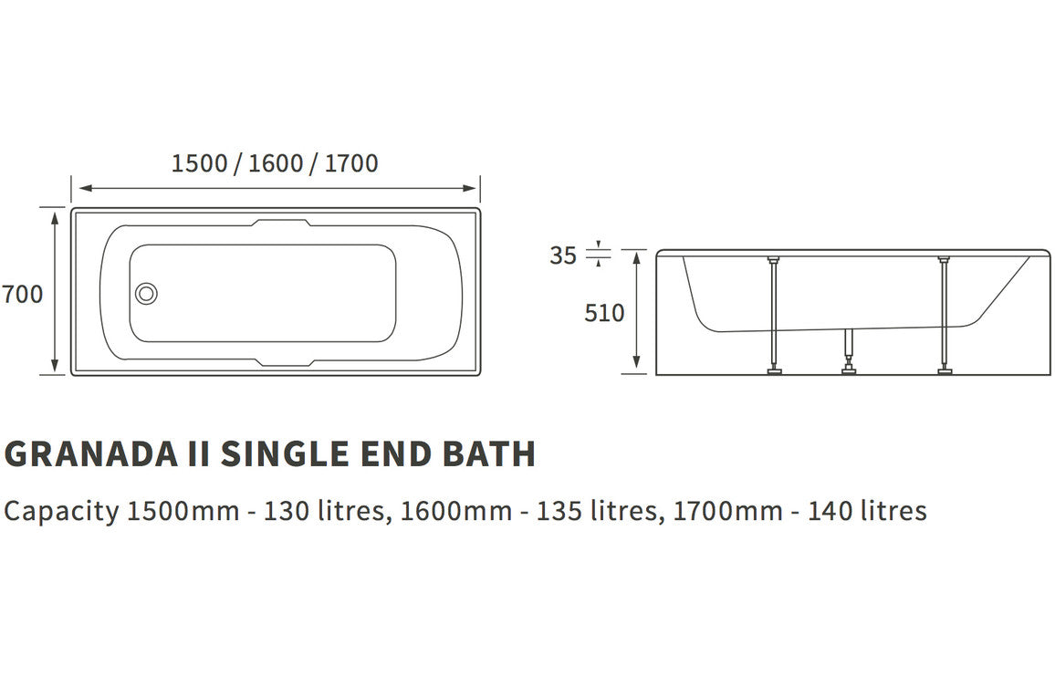 Seville Single End Twin Grip Textured Base 8mm 1700x700x510mm 2TH Bath