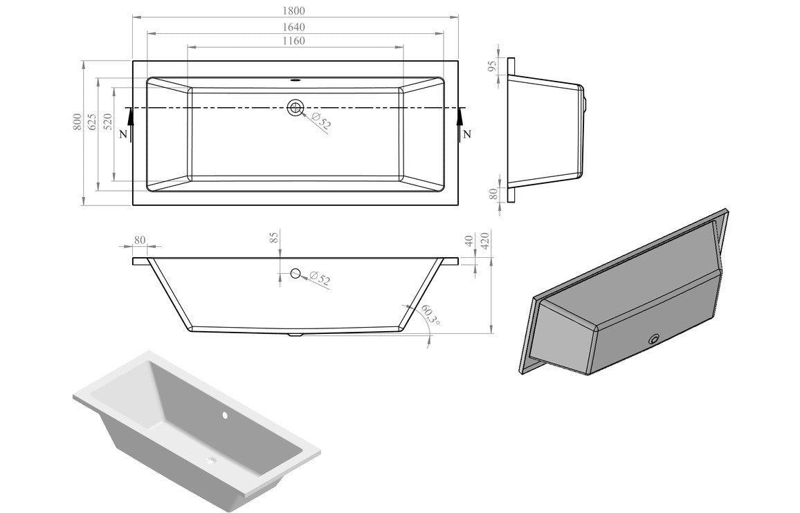 Tuscan Square Double End 1800x800x550mm 0TH Bath w/Legs