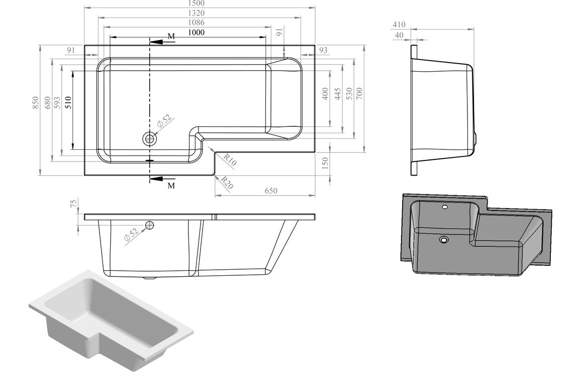 Tuscan L Shape 1500x850x560mm 0TH Bath w/Legs (LH)