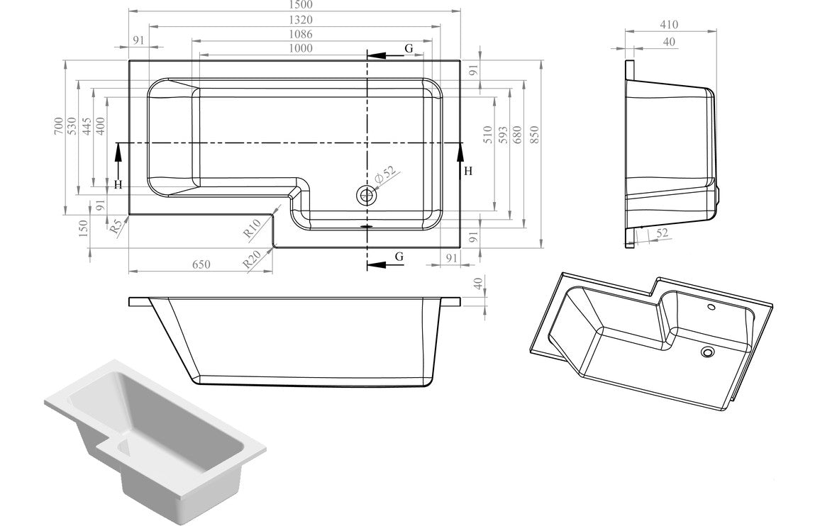 Tuscan L Shape 1500x850x560mm 0TH Bath w/Legs (RH)
