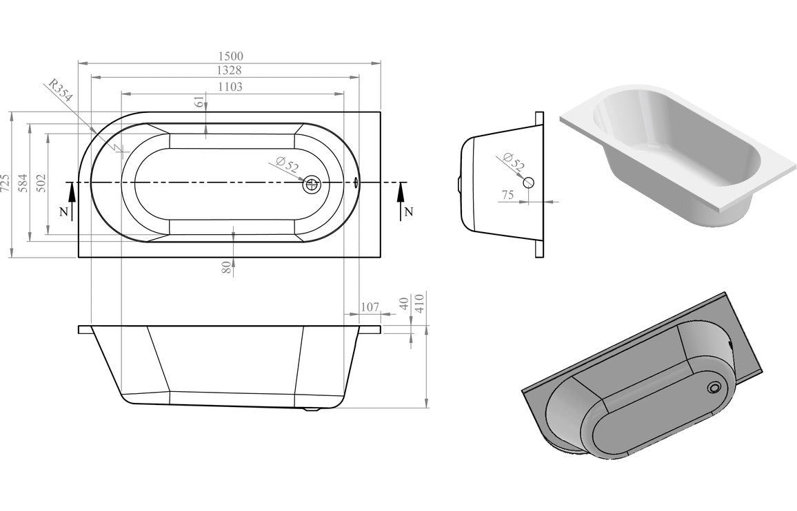 Sardinia J Shape 1500x725x600mm 0TH Bath w/Legs (LH)