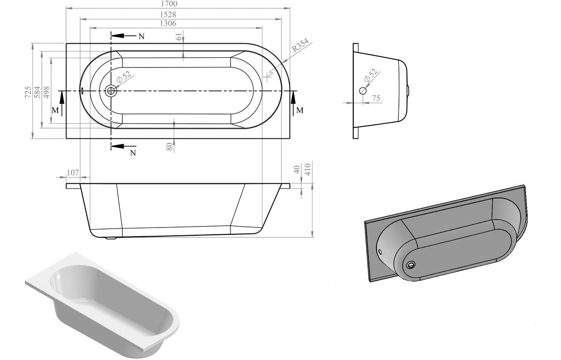 Sardinia J Shape 1700x725x600mm 0TH Bath w/Legs (RH)