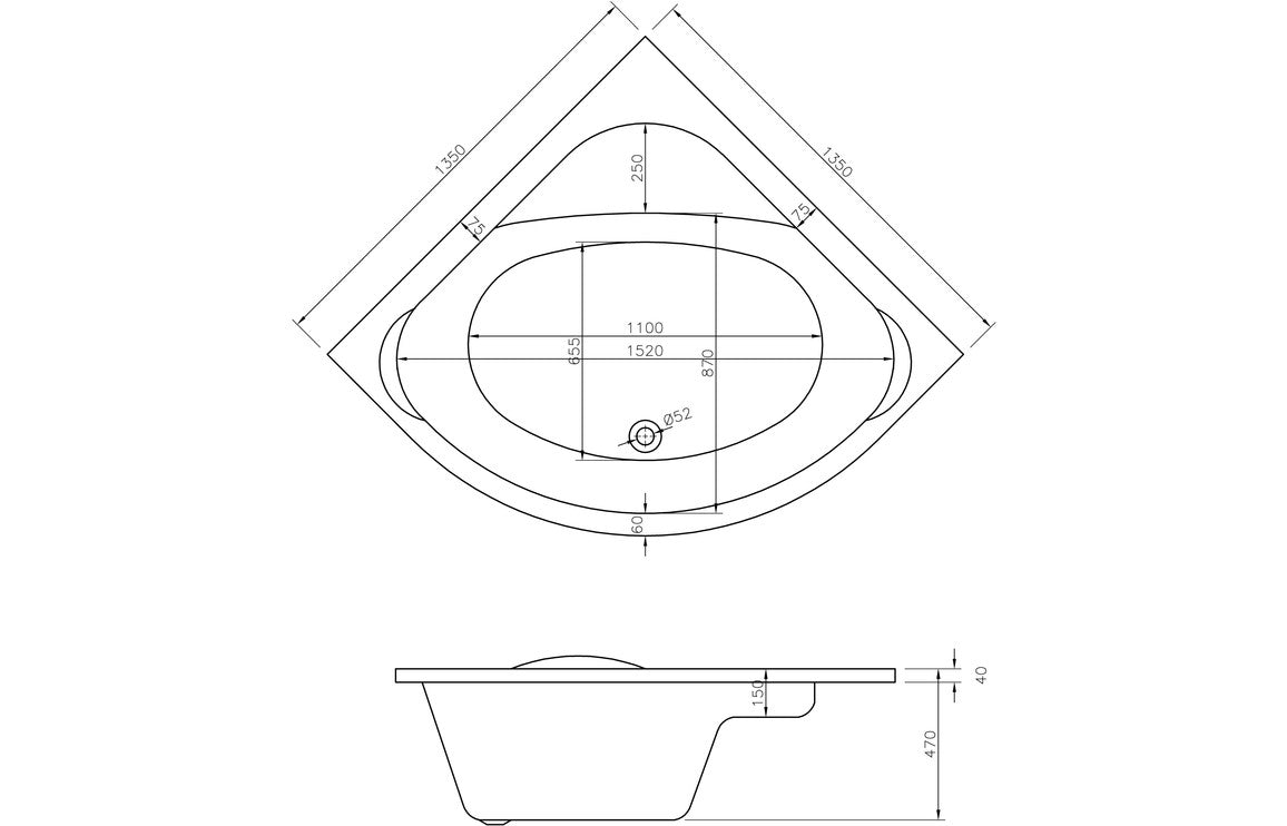 Sarok Standard 1350x1350x620mm 0TH Corner Bath w/Legs