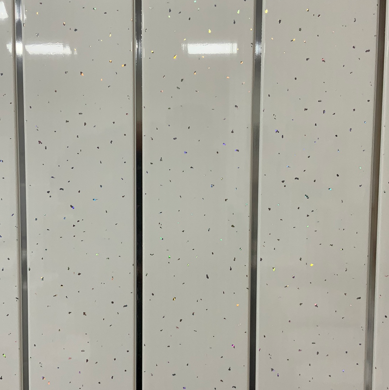PVC Cladding White with Sparkles and Chrome Stripe