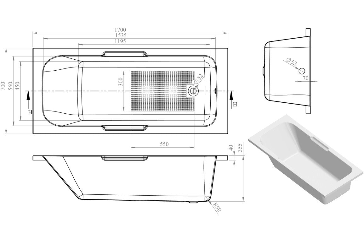 Chicago Gripped SUPERCAST 1700x700x550mm 0TH Bath w/Legs