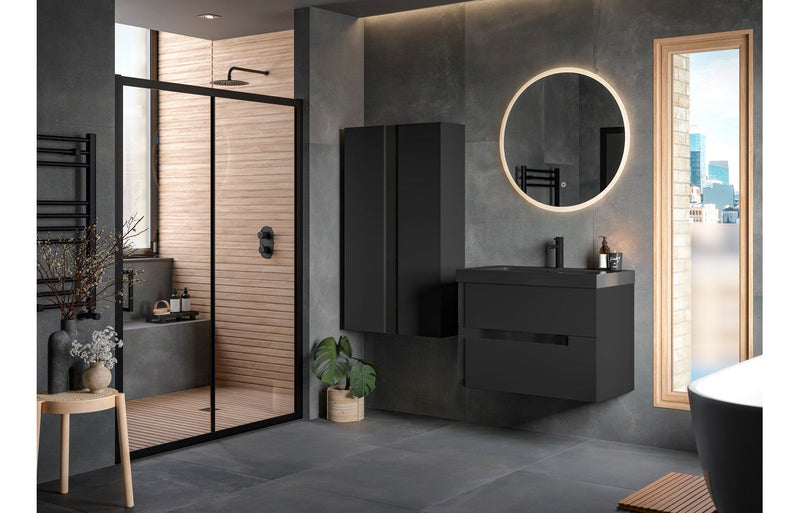 Fusion 605mm Wall Hung 2 Drawer Basin Unit & Co-ordinating Basin - Matt Black & Glass