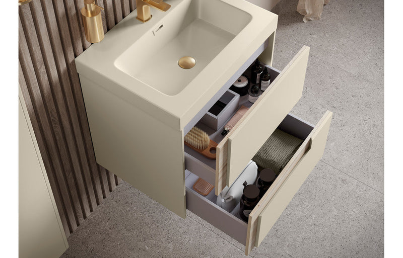Fusion 350mm Wall Hung 1 Door Tall Unit - Matt Cotton & Oak Effect