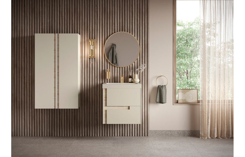 Fusion 350mm Wall Hung 1 Door Tall Unit - Matt Cotton & Oak Effect