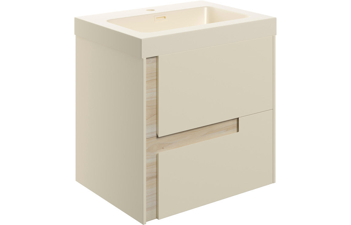 Fusion 605mm Wall Hung 2 Drawer Basin Unit & Co-ordinating Basin - Matt Cotton & Oak Effect
