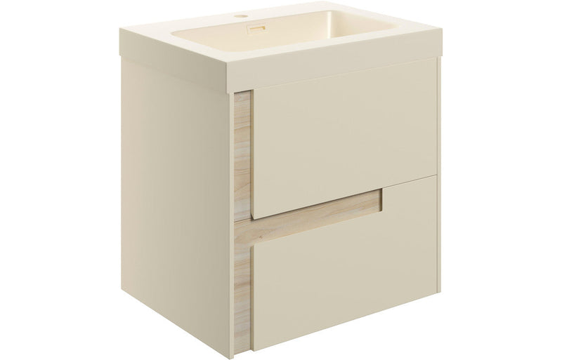 Fusion 605mm Wall Hung 2 Drawer Basin Unit & Co-ordinating Basin - Matt Cotton & Oak Effect