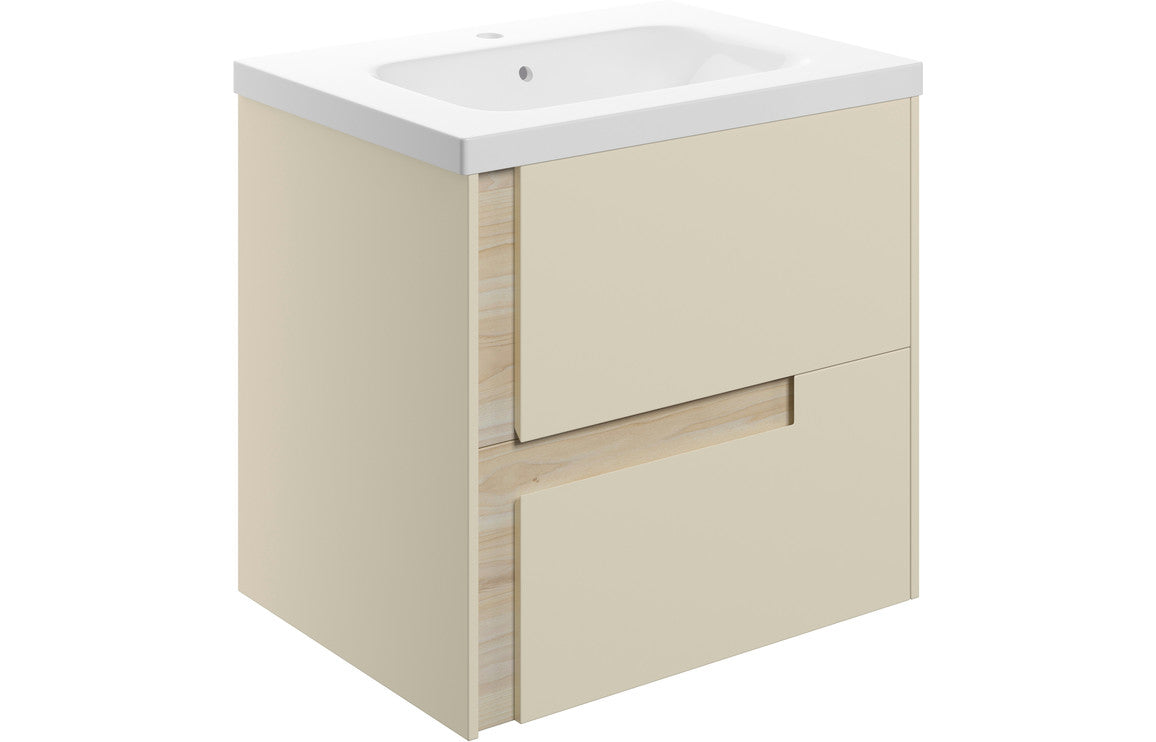 Fusion 615mm Wall Hung 2 Drawer Basin Unit & White Basin - Matt Cotton & Oak Effect