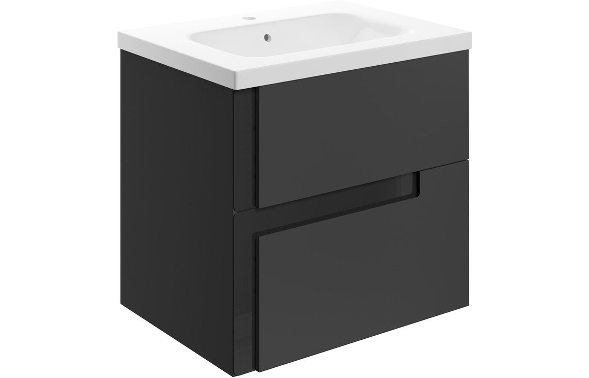 Fusion 615mm Wall Hung 2 Drawer Basin Unit & White Basin - Matt Black & Glass