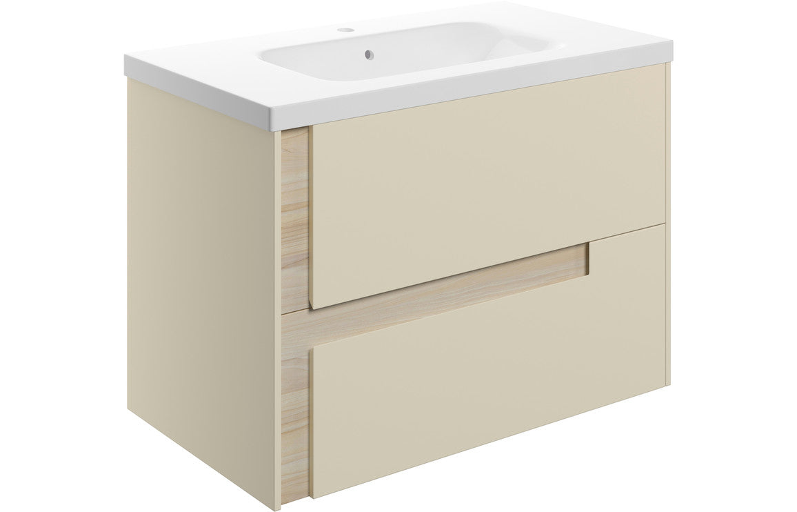 Fusion 815mm Wall Hung 2 Drawer Basin Unit & White Basin - Matt Cotton & Oak Effect