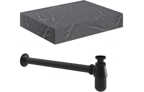 Mosaic 600mm Wall Hung Grey Marble Basin Shelf & Black Bottle Trap