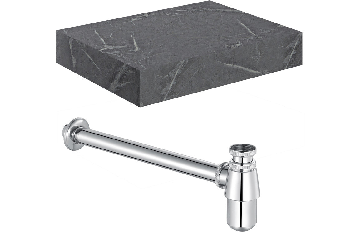 Mosaic 600mm Wall Hung Grey Marble Basin Shelf & Chrome Bottle Trap