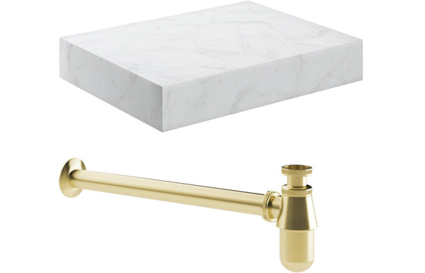 Mosaic 600mm Wall Hung White Marble Basin Shelf & Brushed Brass Bottle Trap