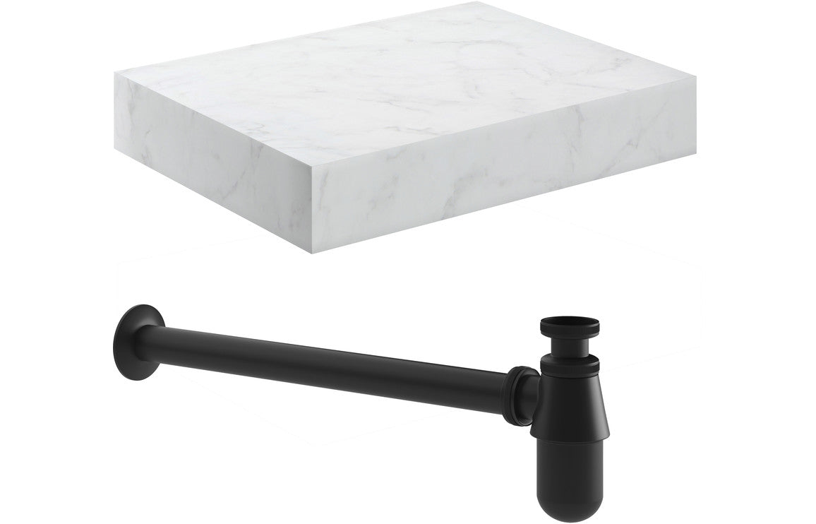 Mosaic 600mm Wall Hung White Marble Basin Shelf & Black Bottle Trap