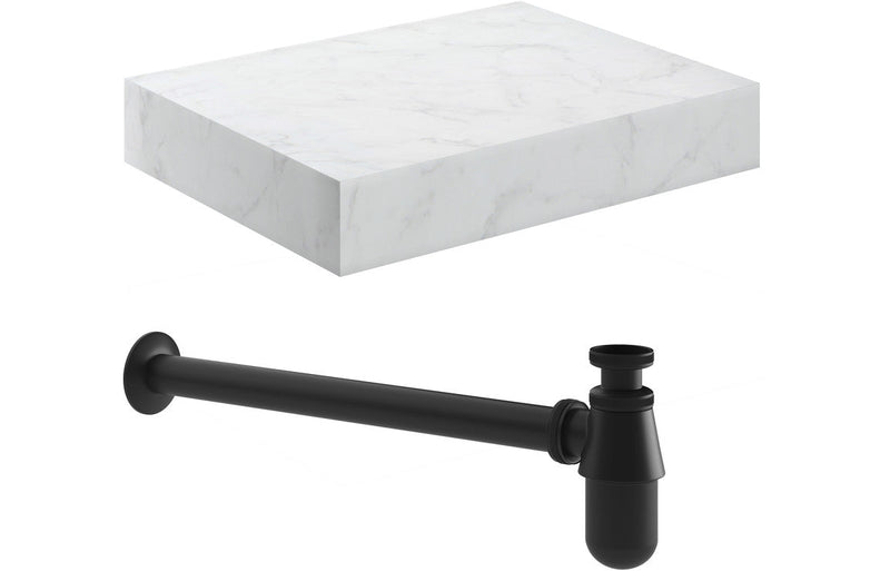 Mosaic 600mm Wall Hung White Marble Basin Shelf & Black Bottle Trap