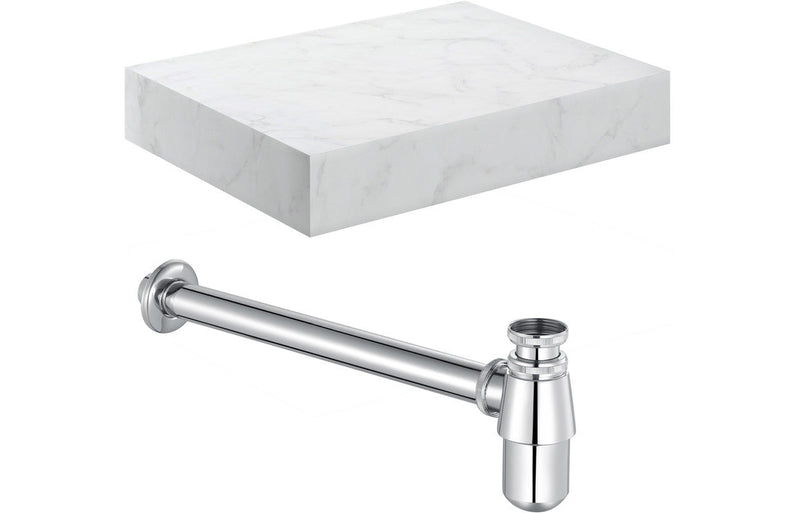 Mosaic 600mm Wall Hung White Marble Basin Shelf & Chrome Bottle Trap