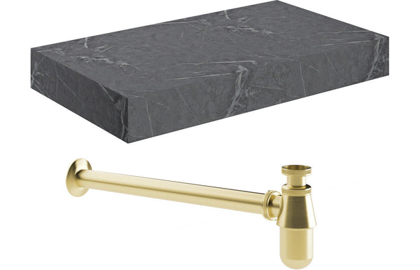 Mosaic 800mm Wall Hung Grey Marble Basin Shelf & Brushed Brass Bottle Trap