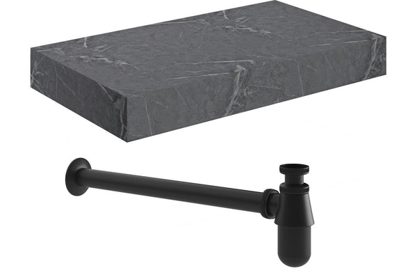 Mosaic 800mm Wall Hung Grey Marble Basin Shelf & Black Bottle Trap