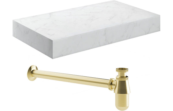 Mosaic 800mm Wall Hung White Marble Basin Shelf & Brushed Brass Bottle Trap