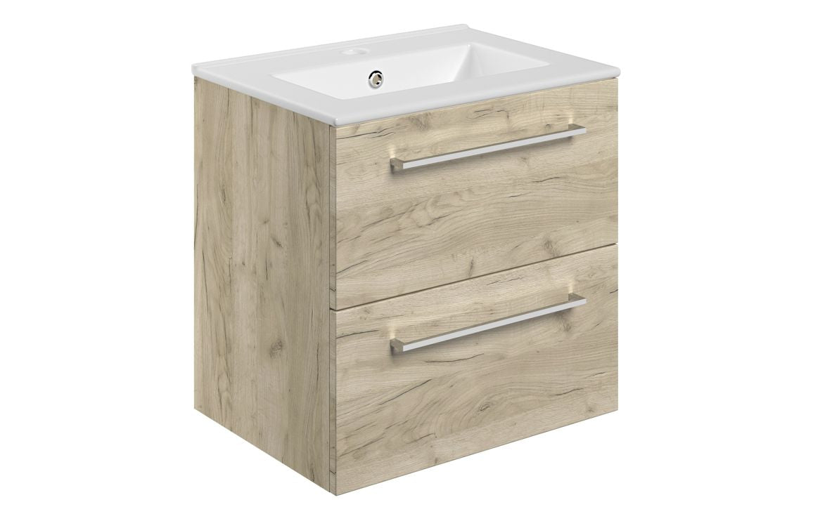 Vivido 510mm Wall Hung 2 Drawer Basin Unit & Basin - Oak