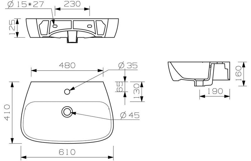 Emilia 600x400mm 1TH Basin & Full Pedestal