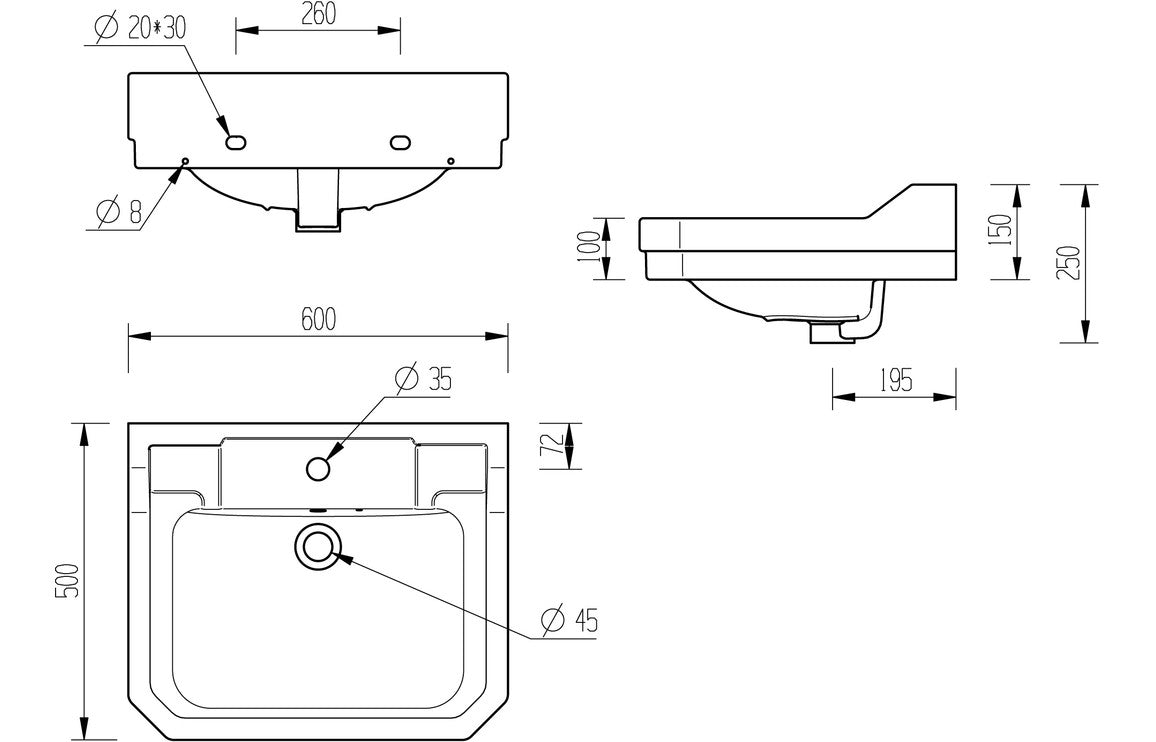 York 600x500mm 1TH Basin & Full Pedestal