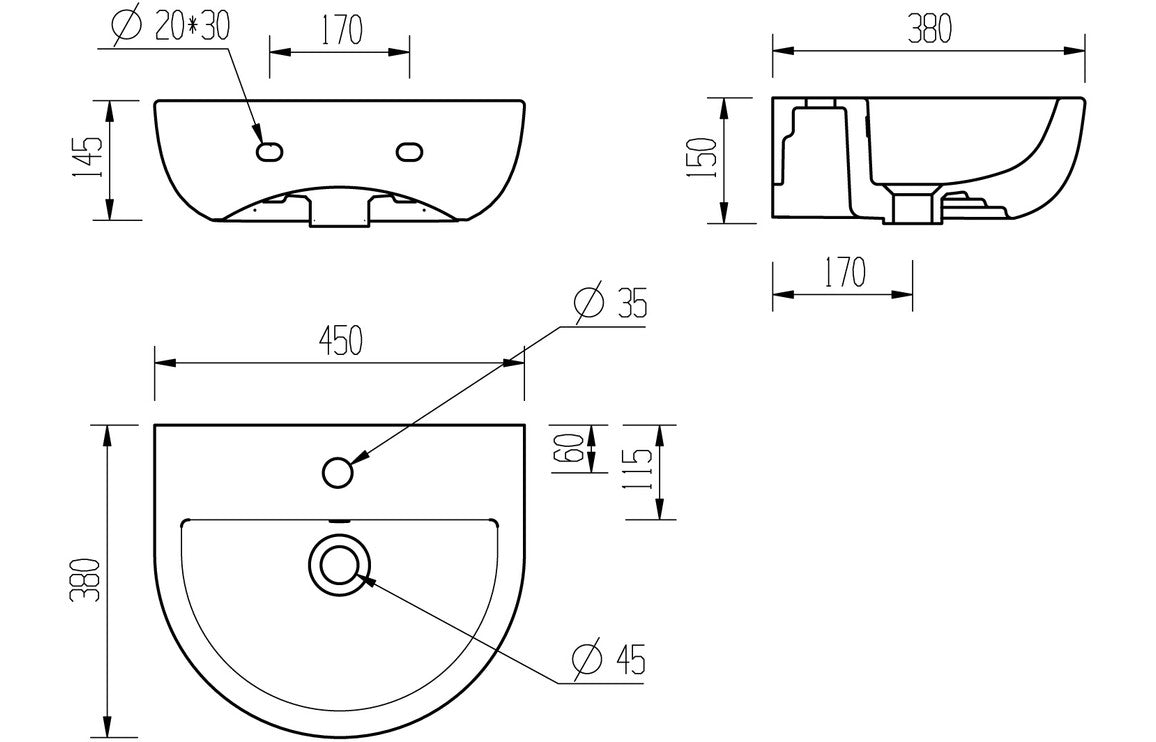 Roma 450x400mm 1TH Cloakroom Basin & Black Bottle Trap