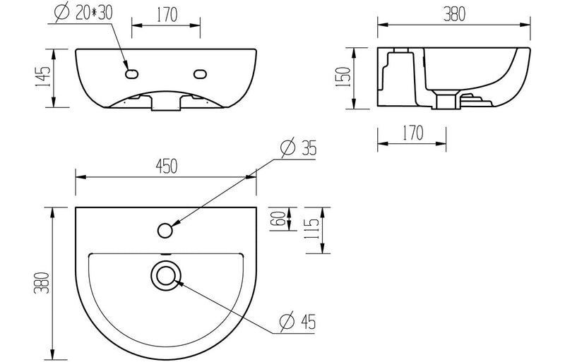 Roma 450x400mm 1TH Cloakroom Basin & Black Bottle Trap