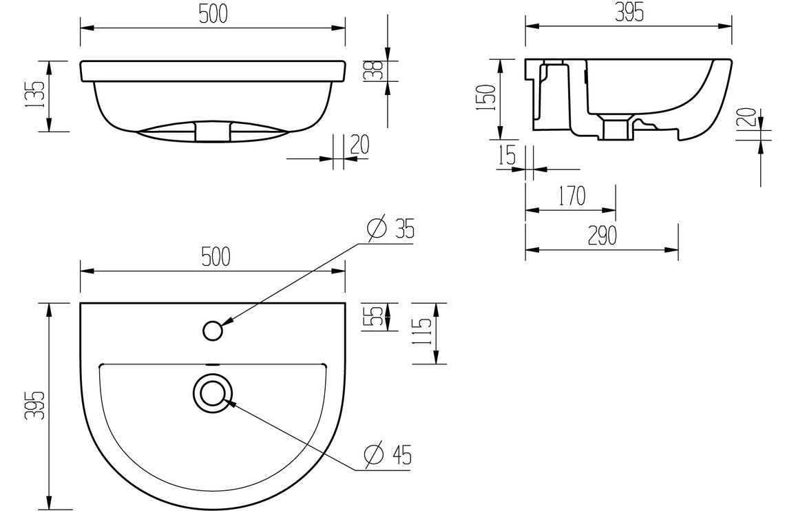 Roma 500x390mm 1TH Semi Recessed Basin