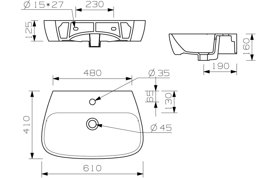 Alure 600x400mm 1TH Basin & Semi Pedestal