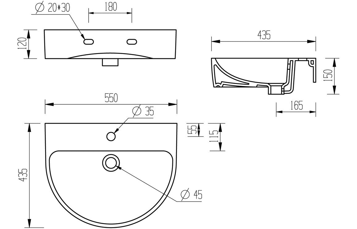 Hamilton 555x430mm 1TH Basin & Full Pedestal