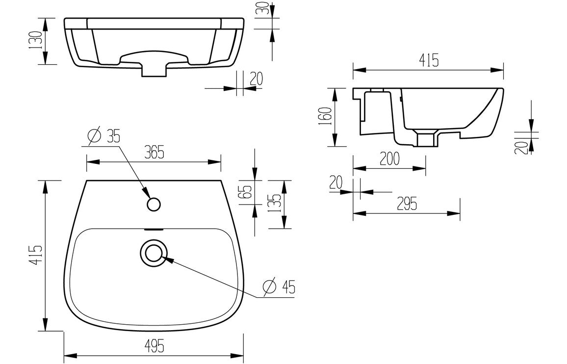 Alure 495x415mm 1TH Semi Recessed Basin
