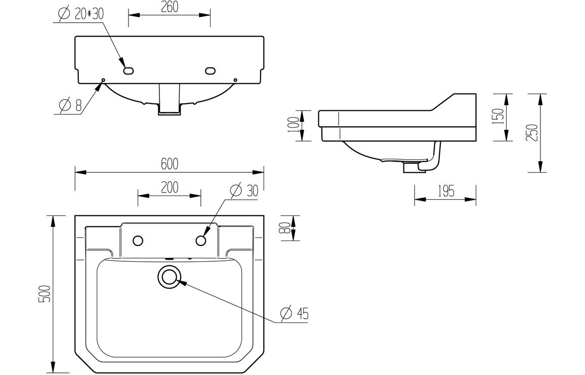 York 600x500mm 2TH Basin & Full Pedestal