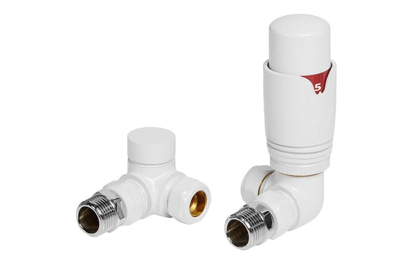 Round Thermostatic White Radiator Valves - Corner