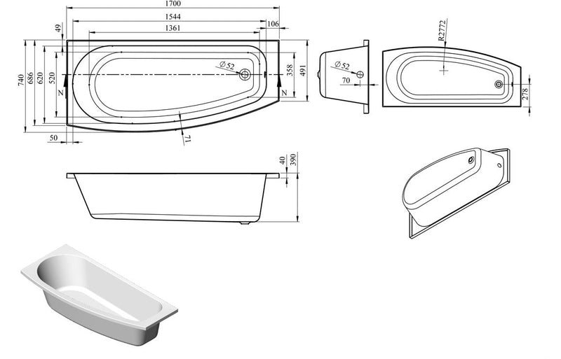 Destiny Space Saving 1700x740x560mm 0TH Bath w/Legs (LH)