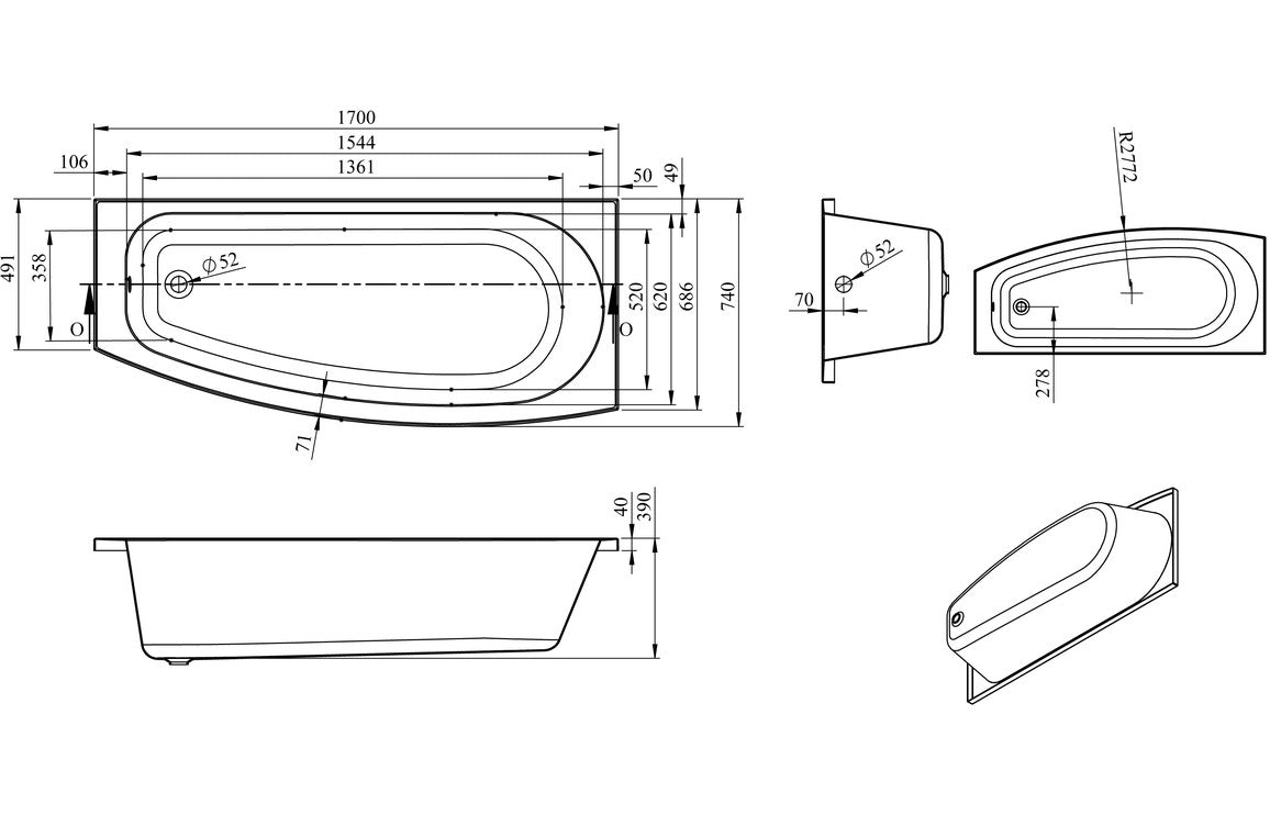 Destiny Space Saving 1700x740x560mm 0TH Bath w/Legs (RH)