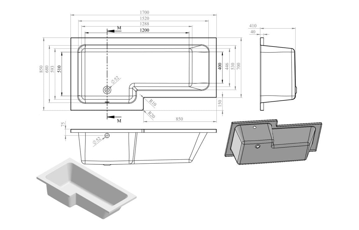 L-Shape Single End 1700x700-850x410mm 0TH Bath Only (LH)