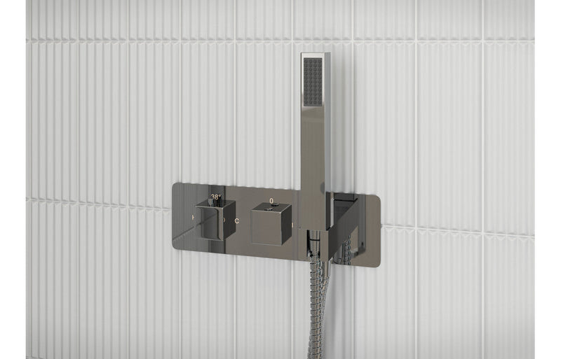 Celestia Shower Pack Two - Two Outlet Twin Shower Valve w/Handset & Brass Overhead