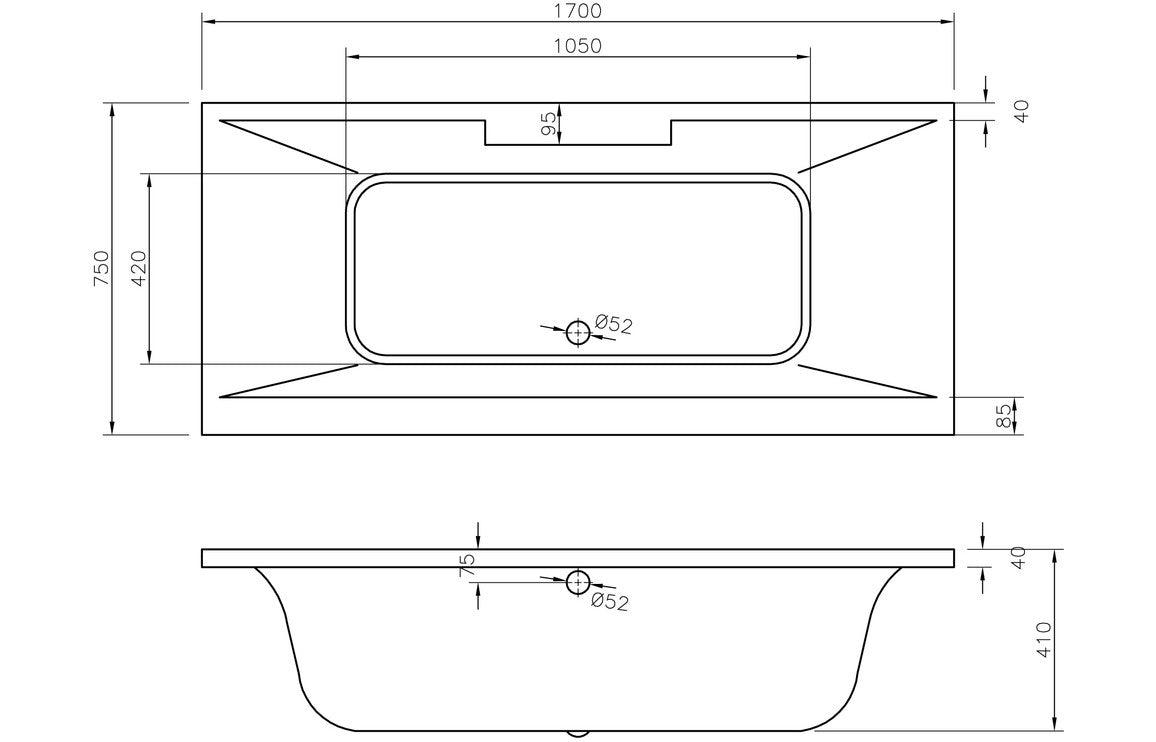 Oasis Deluxe Square Double End 1700x750x550mm 0TH Bath w/Legs