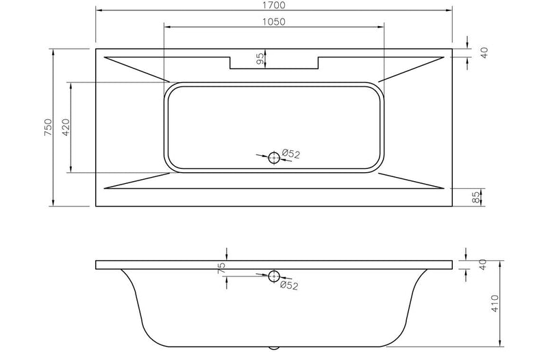 Oasis Deluxe Square Double End 1700x750x550mm 0TH Bath w/Legs