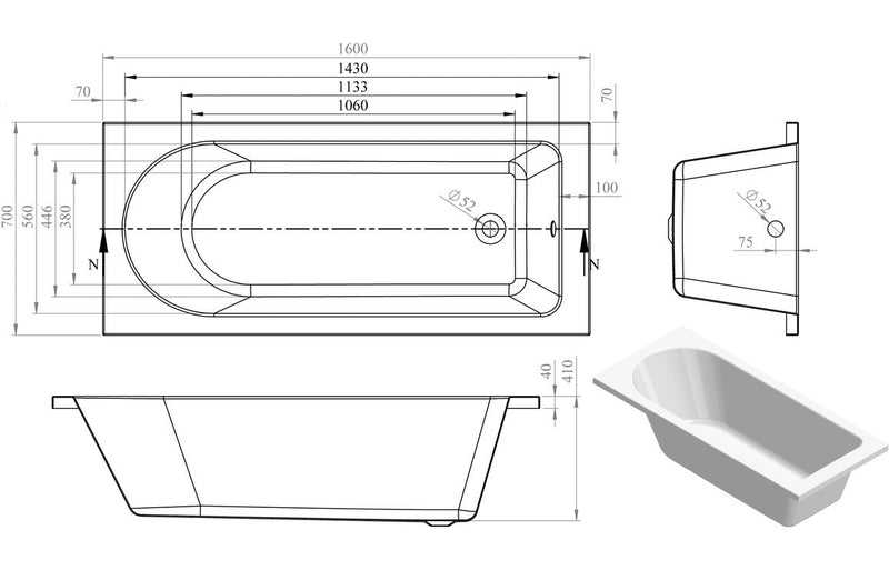 Florida Round Single End SUPERCAST 1600x700x550mm 0TH Bath w/Legs