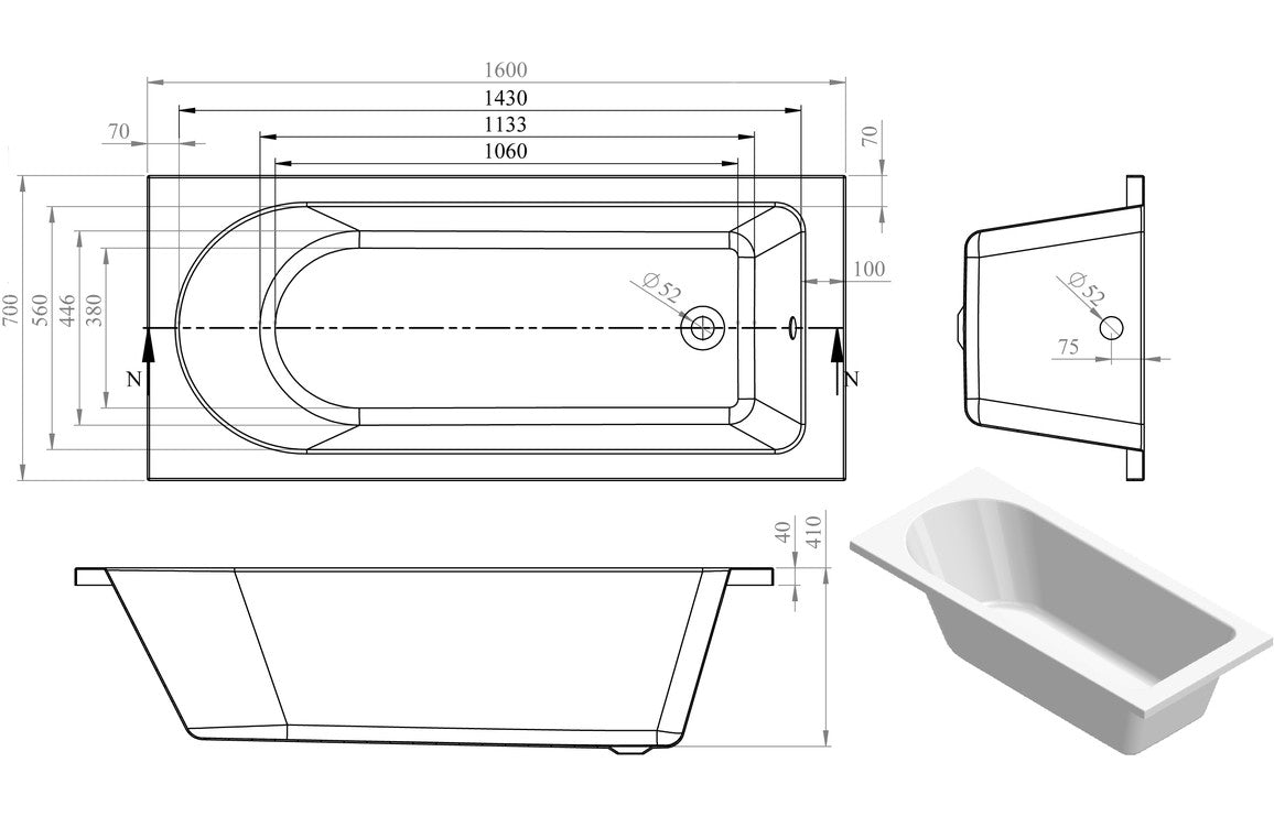 Florida Round Single End 1600x700x550mm 0TH Bath w/Legs