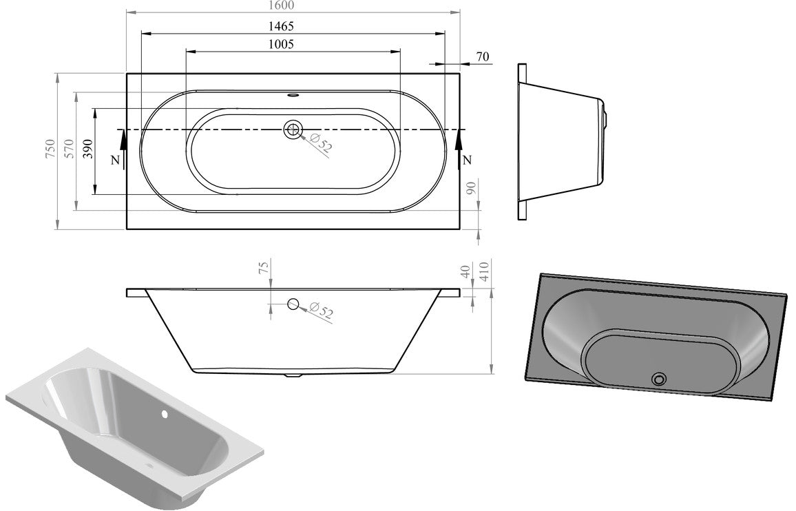 Florida Round Double End 1600x750x550mm 0TH Bath w/Legs
