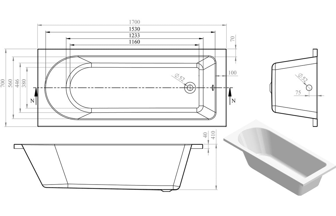 Florida Round Single End SUPERCAST 1700x700x550mm 0TH Bath w/Legs