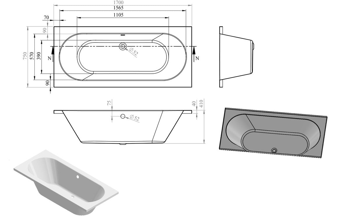 Florida Round Double End SUPERCAST 1700x750x550mm 0TH Bath w/Legs