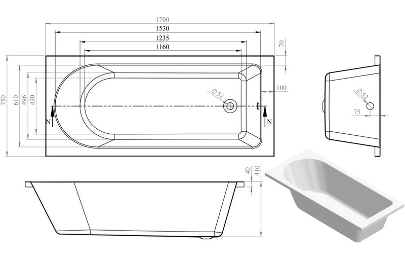 Florida Round Single End SUPERCAST 1700x750x550mm 0TH Bath w/Legs