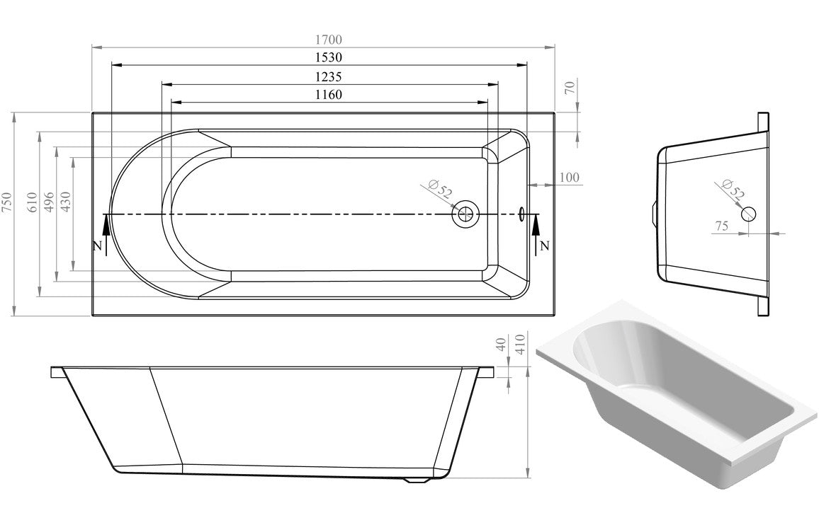 Florida Round Single End 1700x750x550mm 0TH Bath w/Legs